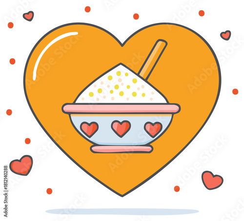 Cute bowl of porridge or cereal inside a large heart symbol representing love and comfort food