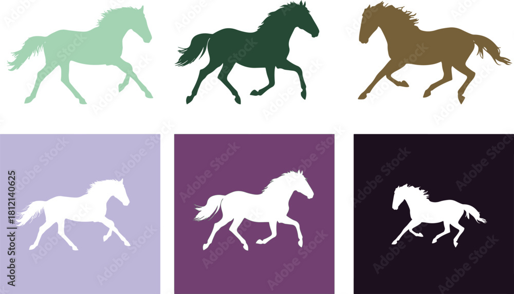 Obraz premium Dynamic Horse Silhouettes Pack: Colored Shapes and White Icons on Backgrounds