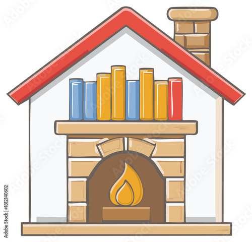 Cartoon home with books atop fireplace mantel, chimney, roof, books in blue yellow, red for a cozy reading atmosphere