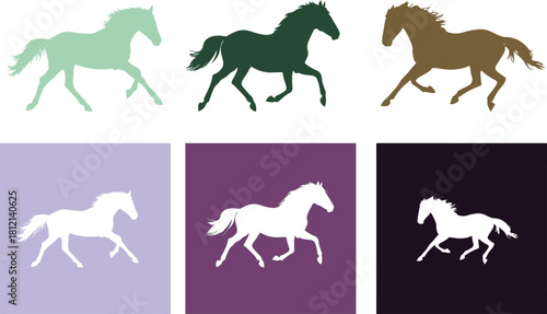 Dynamic Horse Silhouettes Pack: Colored Shapes and White Icons on Backgrounds