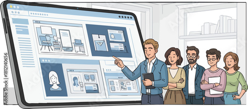 Team Presentation on Large Screen Displaying Website Designs.