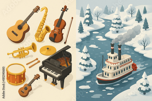 Isometric Winter River Scene with Musical Instruments and Steamboat