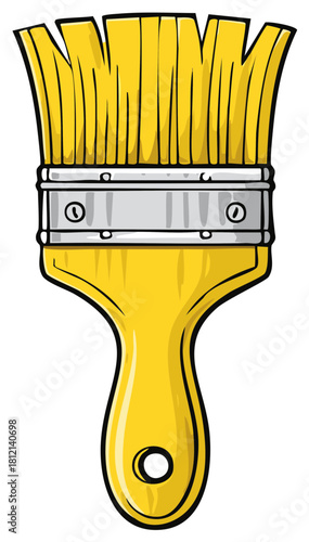 Bright yellow paint brush with thick bristles and a silver metal ferrule, tool for art and home renovation