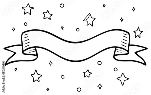 Doodle ribbon banner with stars and diamond shapes for design