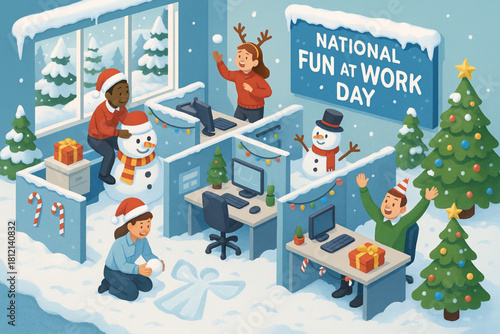 Isometric Office Winter Wonderland for National Fun at Work Day