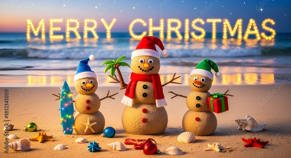 Fototapeta premium Sandy Christmas Snowmen on Beach with Merry Christmas Wishes
