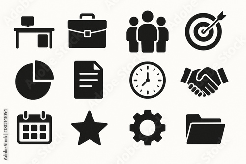 Corporate Teamwork Silhouette Icon Set with Business and Office Symbols