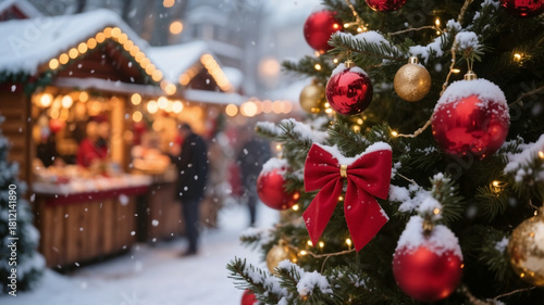 Festive Christmas tree in at a snow covered christmas market with glowing wooden stalls