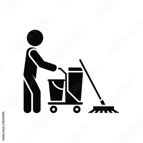 Janitor cleaning with mop and cart icon