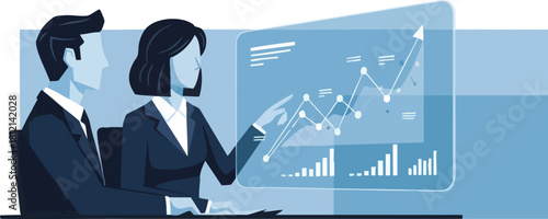 Business professionals analyzing data on a futuristic transparent screen.