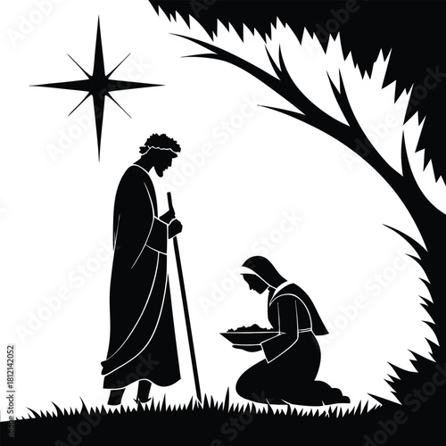 Black and white silhouette nativity scene with star and tree christmas jesus