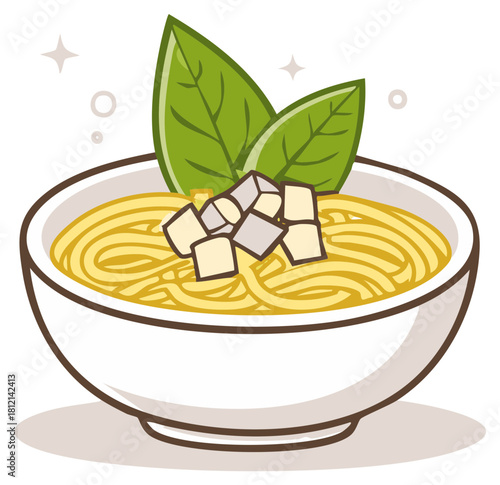 Bowl of noodles with tofu cubes, green leaves, and a simple design