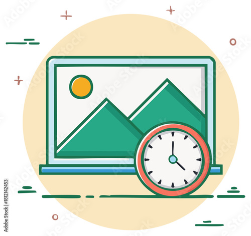 Modern Laptop Illustration Displaying Mountain Landscape Beside Round Analogue Clock for Time Management or Deadline Concept
