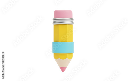 short glossy yellow pencil with pink eraser and cyan band — ideal for writing, edit actions, compose, notes, annotations, form inputs, or creative/education UIs.

