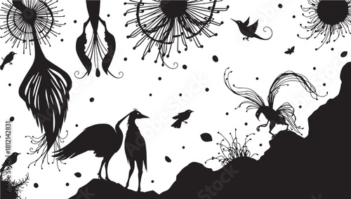Whimsical fantasy birds in a magical forest silhouette, a captivating scene perfect for fairytale illustrations and creative designs, a storybook dreamscape