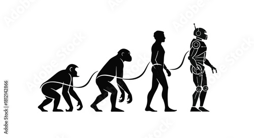 The evolution of life from primate to advanced robot, symbolizing technological progress.