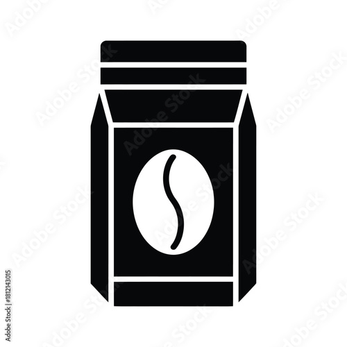Black and white icon of a coffee bag with bean