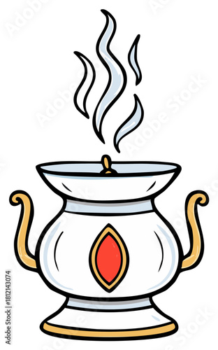 Cartoon aromatic incense burner with smoke illustration for spiritual or home decor