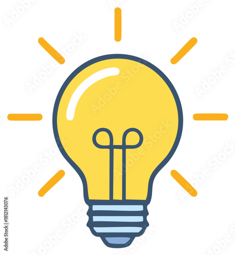 Bright yellow light bulb with radiating light beams symbolizing a new idea or inspiration