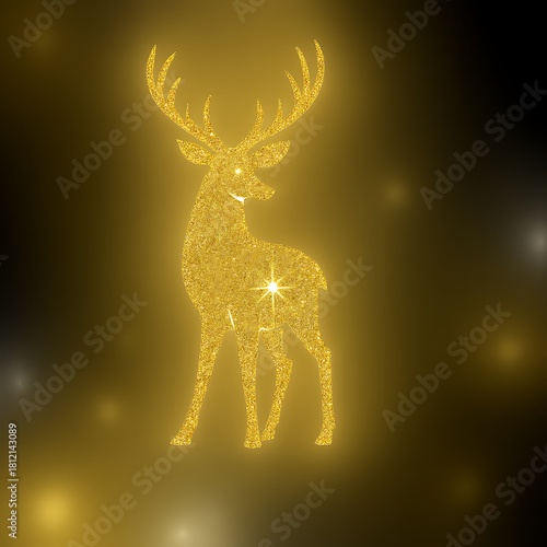 Golden glitter reindeer silhouette on dark luxury background with sparkling highlights, glowing light and sparkles, perfect for elegant Christmas designs, festive branding, and holiday decor.