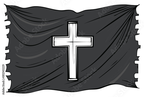 Waving tattered black flag with a white christian cross symbol, a religious vector illustration