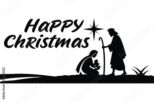 Black silhouette of nativity scene with happy christmas text and star jesus mary