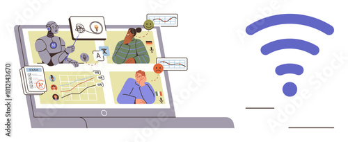 Laptop displaying AI, charts, and virtual team members collaborating in video windows, alongside a wireless signal. Ideal for technology, AI, remote work, online learning, teamwork innovation