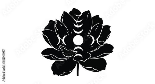 Mystical black lotus flower with moon phases symbolizes spiritual growth and transformation