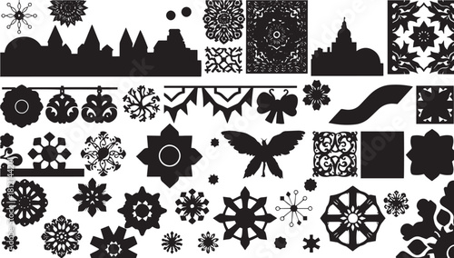 Create stunning designs with these ornate silhouette elements, perfect for elegant cards and custom invitations showcasing architectural and floral shapes