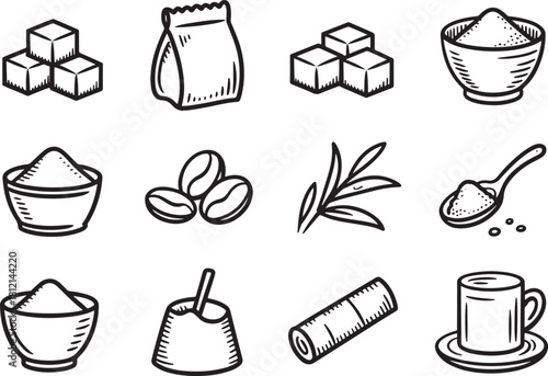 Hand drawn icons of sugar coffee beans and tea leaves