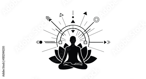 Meditating silhouette embodying inner peace and spiritual enlightenment with geometric symbols radiating outwards.