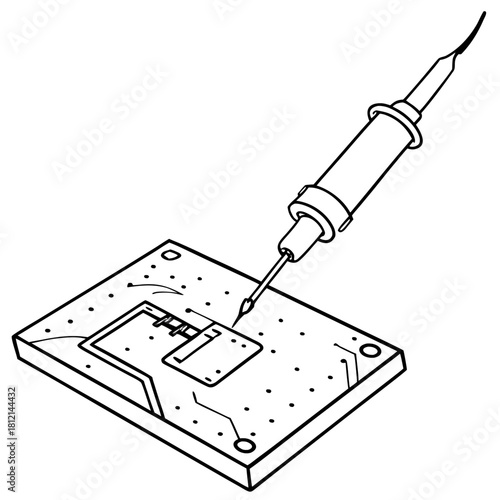 Linear circuit board with soldering iron in black and white style for electronics assembly