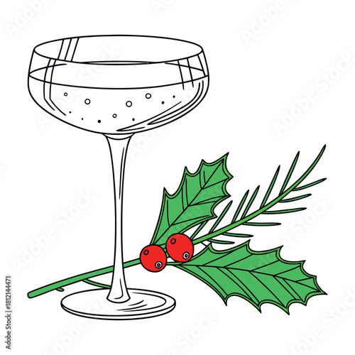 Hand drawn illustration of a champagne coupe glass with bubbles and a sprig of holly with red berries