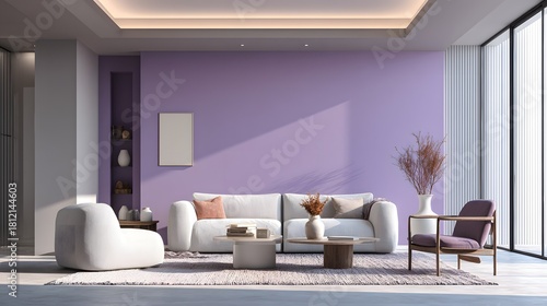 Fototapeta Naklejka Na Ścianę i Meble -  Living room with a white wall and a purple accent wall. The room is furnished with a white couch, a white chair, and a white coffee table. There are two vases on the table, one of which is empty