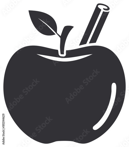 Stylized dark apple fruit with cinnamon stick and leaf vector graphic