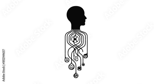Silhouette of a human head connected to a network of abstract organic shapes, symbolizing connection and thought.