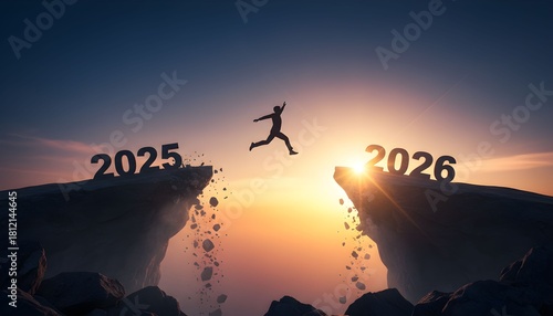 Silhouette of a person jumping from 2025 to 2026 over a chasm at sunset, symbolizing progress.