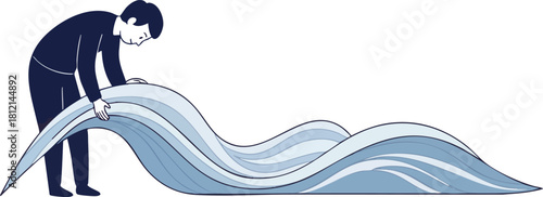 Person arranging a wavy blue and white fabric.