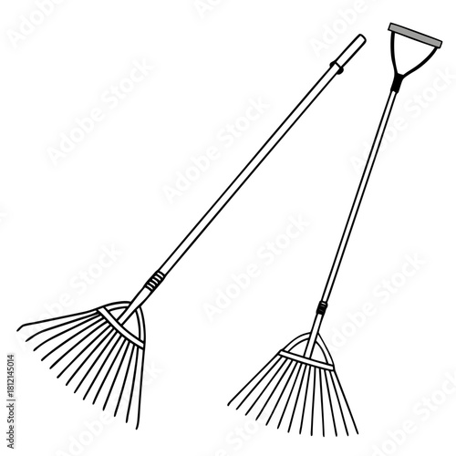 Linear garden rakes in black and white style for lawn care and landscaping