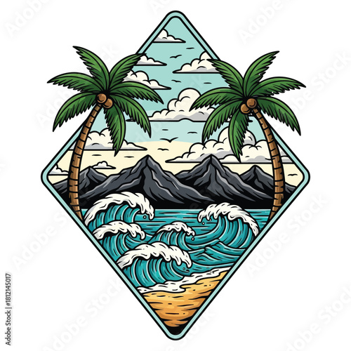 Tropical Beach with Palm Trees, Waves, and Mountains Vector Illustration