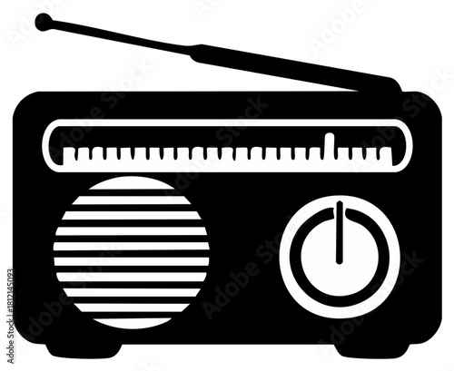 Vintage Style Radio Illustration with Antenna, Tuning Dials, Loudspeaker and Power Button in Black and White