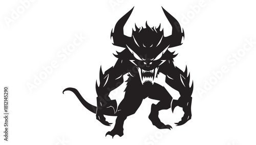 Fearsome horned monster with sharp teeth, perfect for Halloween designs, horror themes, or fantasy projects needing a dark and edgy creature element