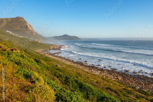 View along the rocky Atlantic Ocean coastline between Scarborough and Misty Cliffs on the Cape Peninsula. Cape Town. Western Cape. South Africa.