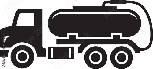 Black silhouette of a tanker truck with a hose liquid transport