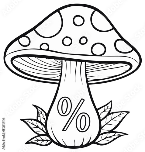 Mushroom with Percentage Symbol on Stem and Scattered Leaves
