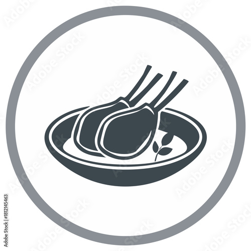 Lamb chops illustration on a plate, icon, inside the grey circle
