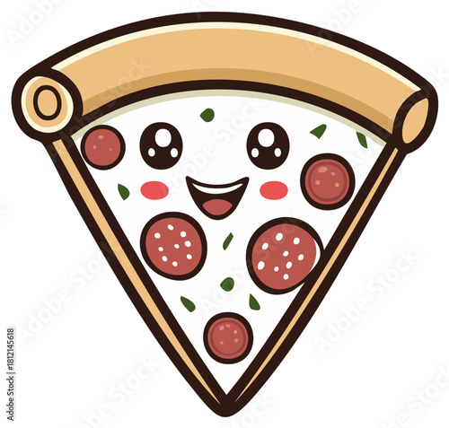 Cute Kawaii Pizza Slice Character with Happy Face and Pepperoni