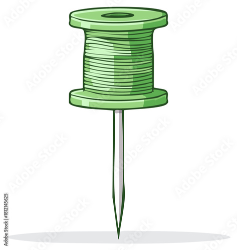 Green spool of thread with a sharp metal pin attached for fastening