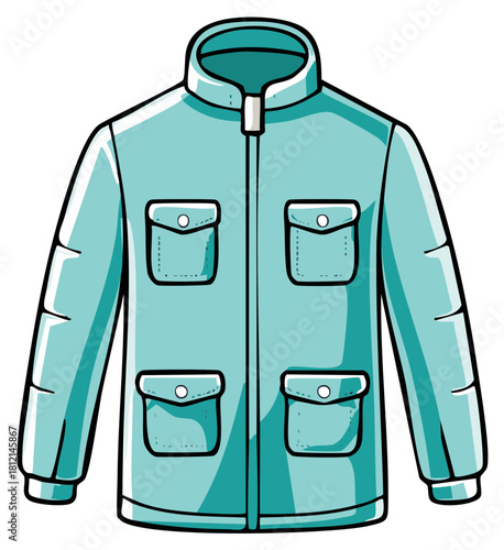 Light blue winter parka jacket with four pockets cartoon vector illustration