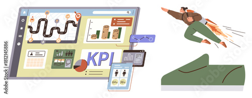 Digital dashboard with charts, KPIs, and progress indicators alongside a rocket-powered individual. Ideal for data tracking, business growth, analytics, goal setting, innovation, motivation simple